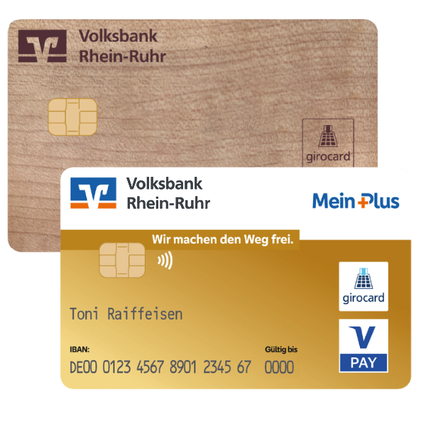 Holzkarte sowie goldene girocard der Volksbank Rhein-Ruhr