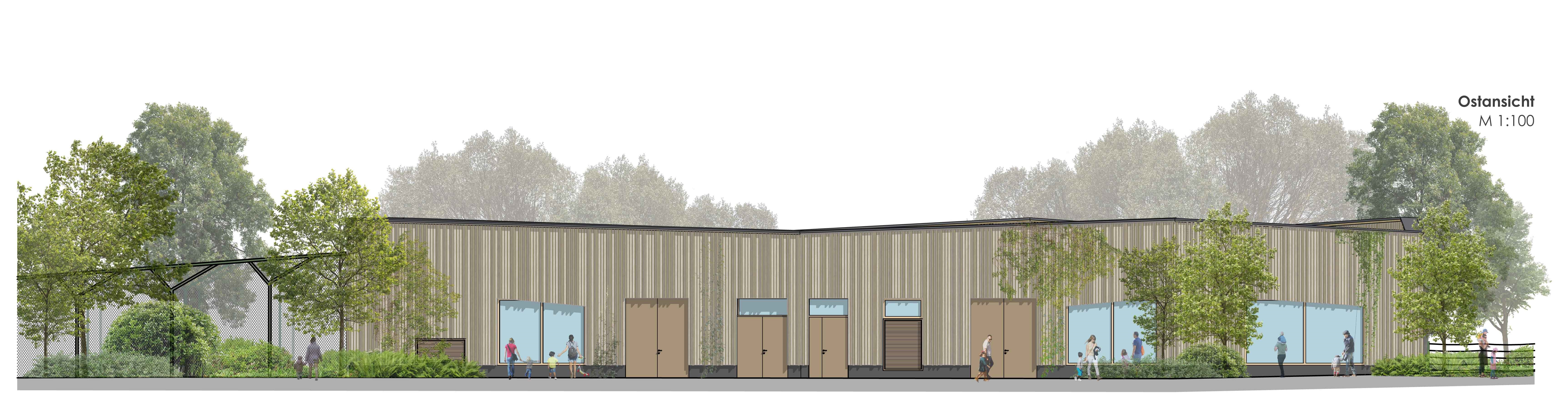 Gebäudeansicht der geplanten Flusspferd-Anlage. Holzvertäfeltes Gebäude mit großen Fenstern und Toranlagen